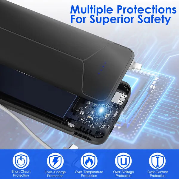 10000mAh Power Bank Portable Charger With US Plug 2 Built-in Cables