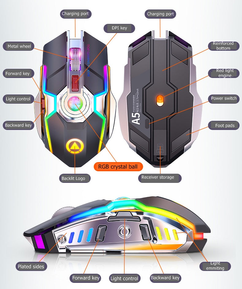 Wireless RGB Rechargeable Gaming Mouse with Mute Button