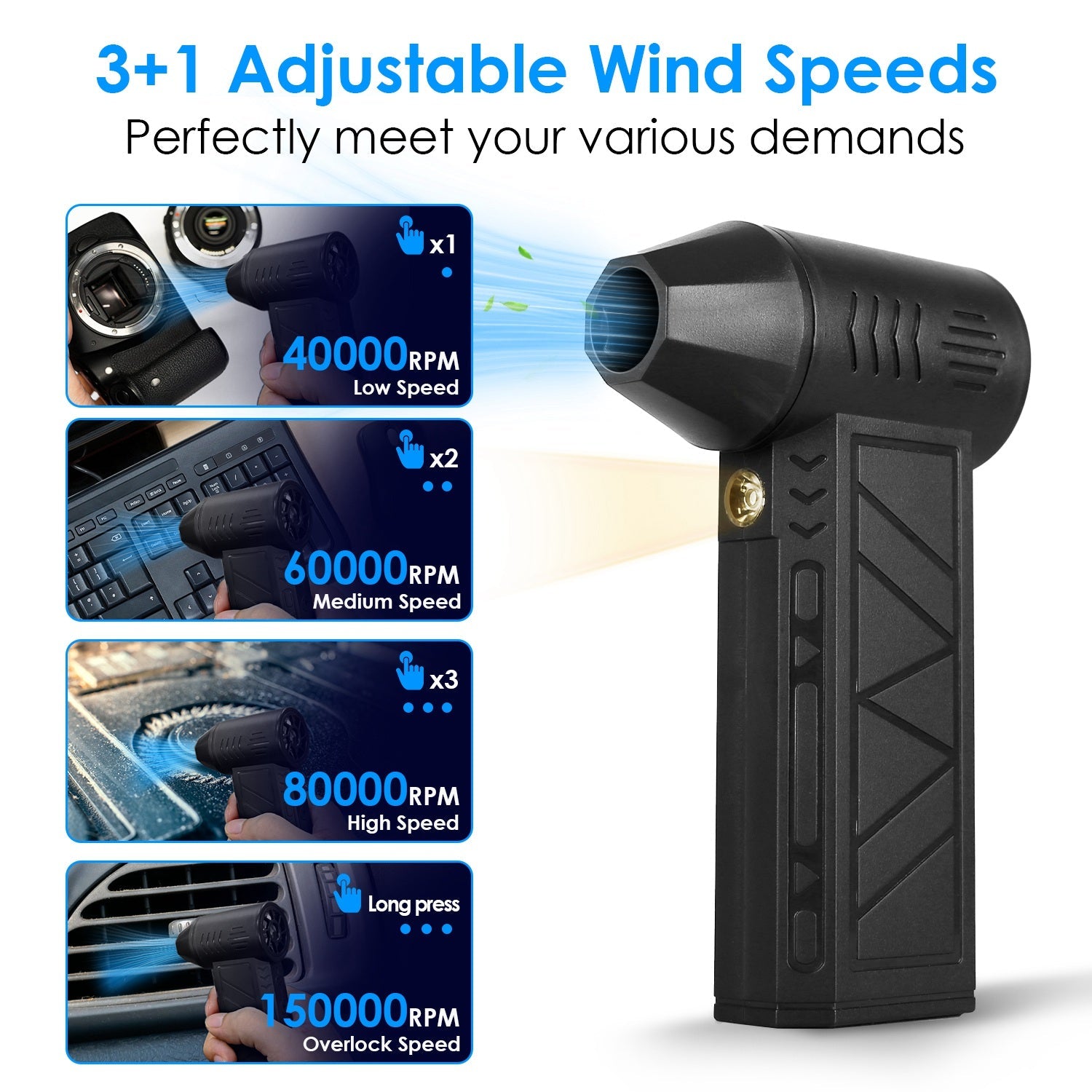 1Pc Compressed Air Duster with LED Light, up to 150000RPM Speed for PC