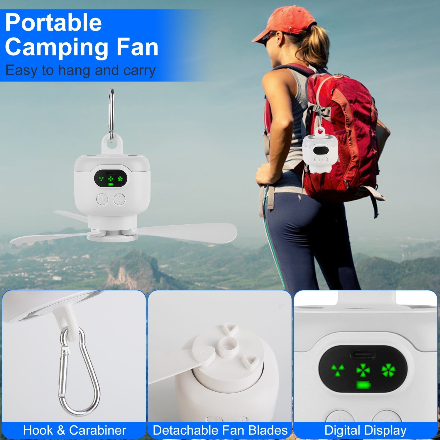 1Pc 2-in-1 Portable Camping Fan With LED Lantern 8000mAh Battery