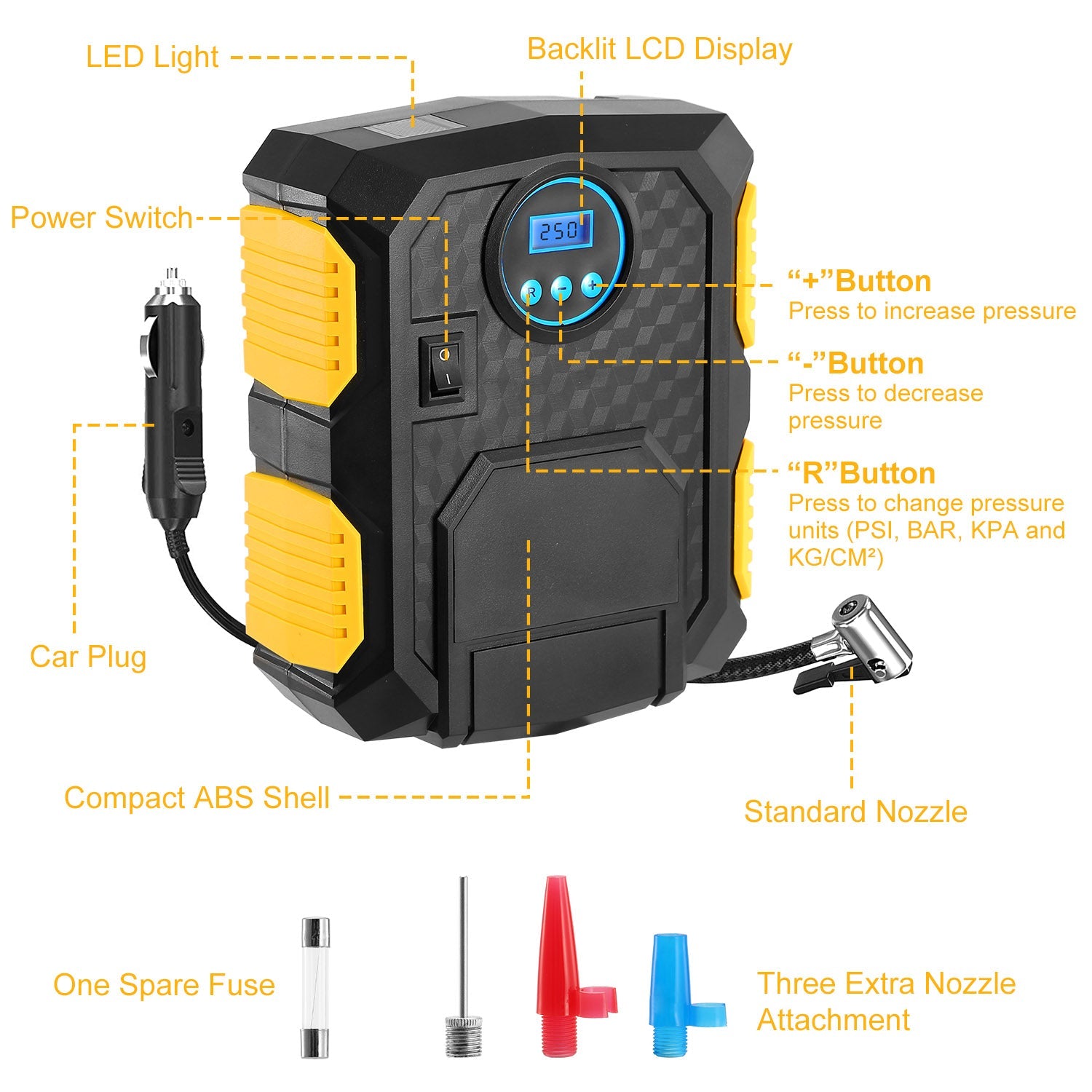Tire Inflator 12V DC 120W 150PSI With LCD Electric Air Compressor 25L