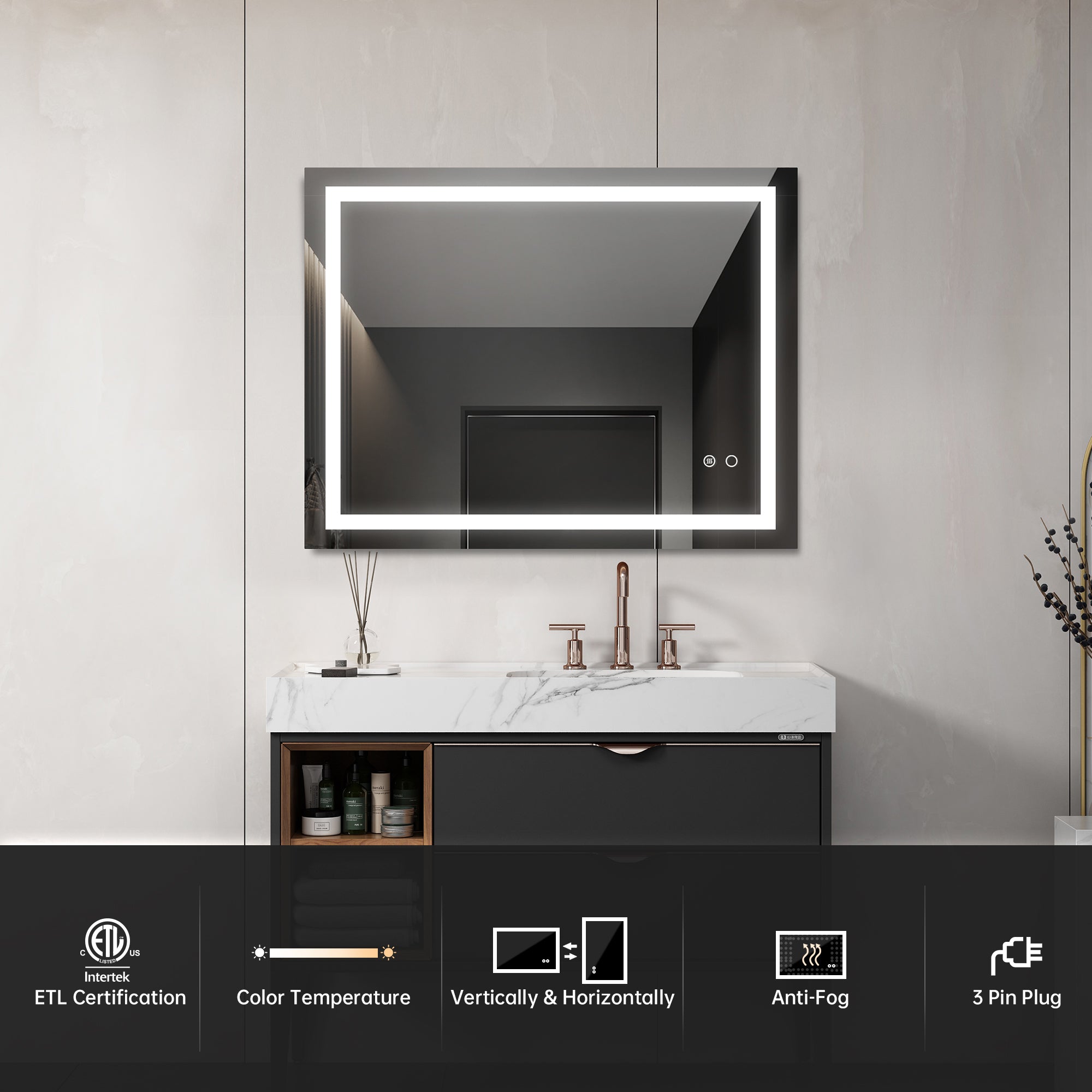 Miroir de salle de bain à LED avec commande par bouton tactile