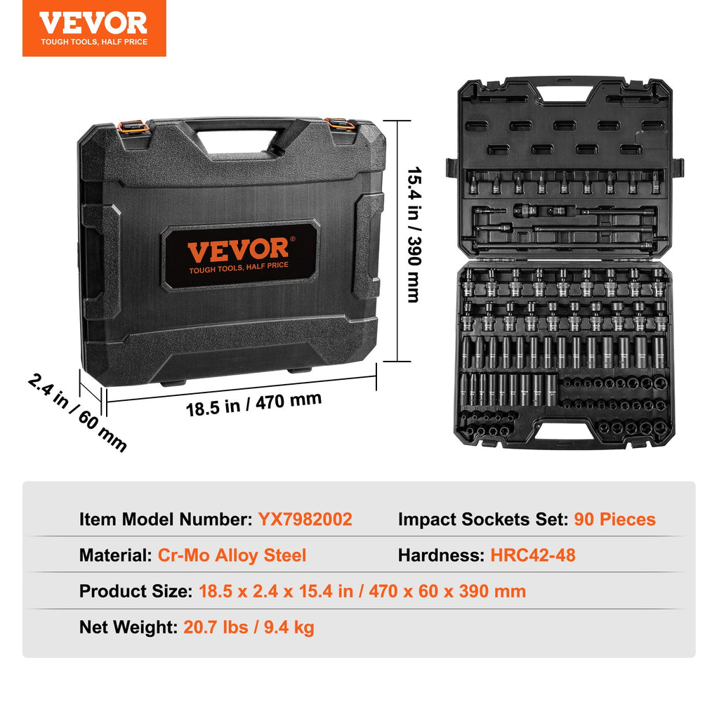 VEVOR Drive Impact Socket Set 6 Point Cr-Mo Alloy Steel For Auto