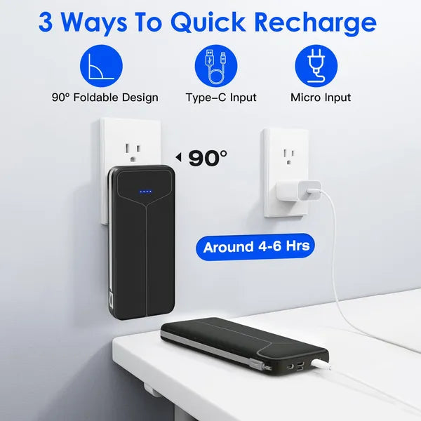 10000mAh Power Bank Portable Charger With US Plug 2 Built-in Cables
