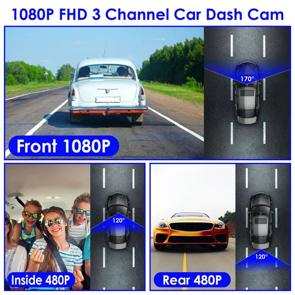 1080P FUD 3-Channel WiFi Dash Cam 170° Wide Angle Triple Car Camera